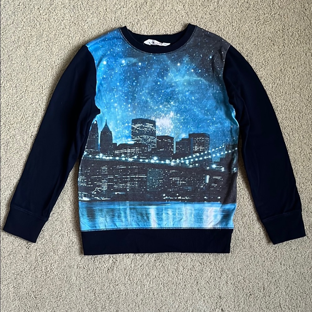H&M 100% Cotton Blue Black Urban City River Skyscraper Night Sky Sweater 8-10